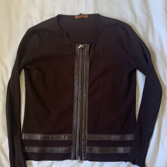 Belldini brown natural fur removable collar/cuffs leather trim zip cardigan EUC - Picture 7 of 11